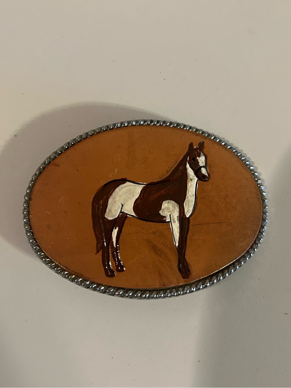 Hand Painted Oval Silver Tone Metal Western Belt Buckle Painted Horse
